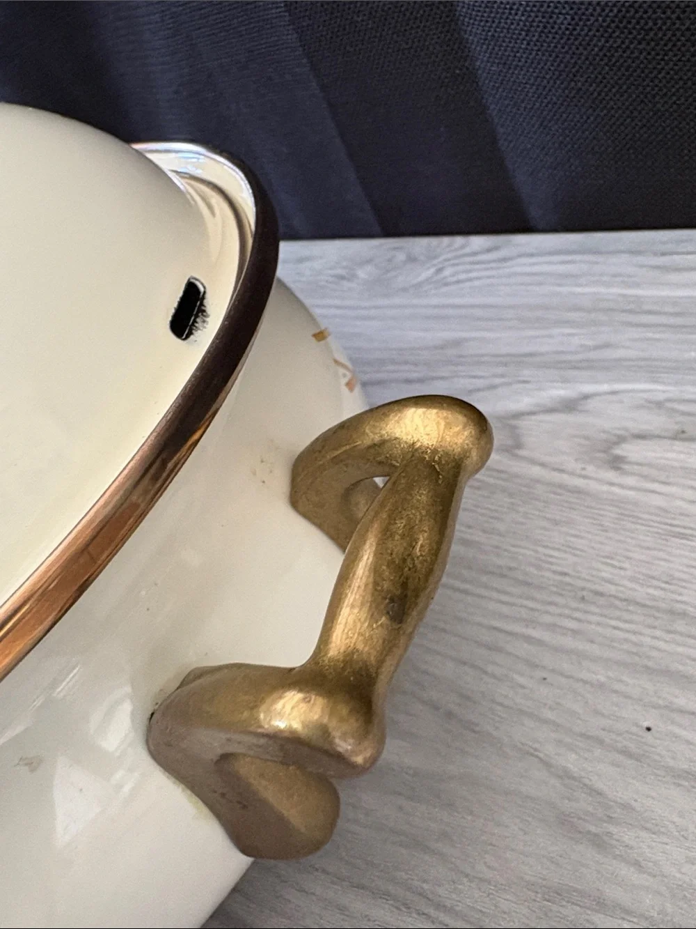 Cream Floral Enamel Pot with Brass Accents